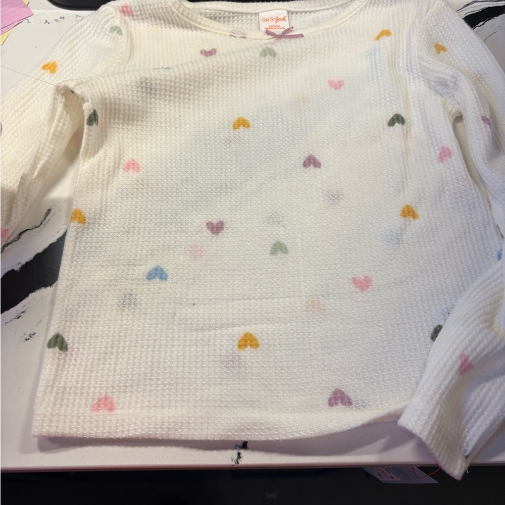 Cat & Jack White Waffle-Knit Long Sleeve Top with Multicolor Hearts